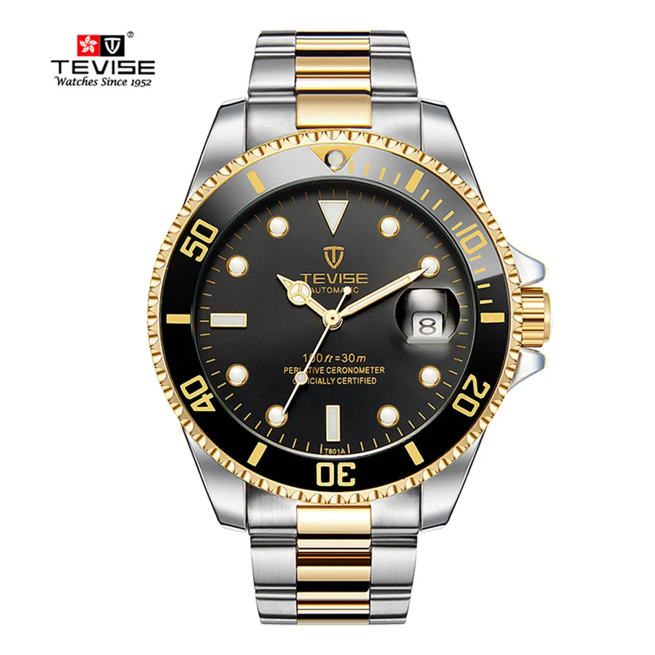 Gold Steel TEVISE мужские часы автоматические механические мужские часы люксовый бренд водонепроницаемые светящиеся мужские часы с календарем наручные часы Relogio Masculino - Цвет: Gold Steel