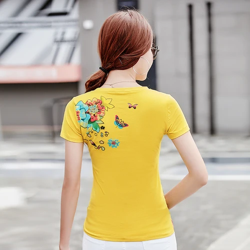 Summer Plus Size Tees Shirt Women Slim Short Sleeve O-neck Basic T-shirts Female Fashion Flower Print Diamond Casual Bts Tops | Женская