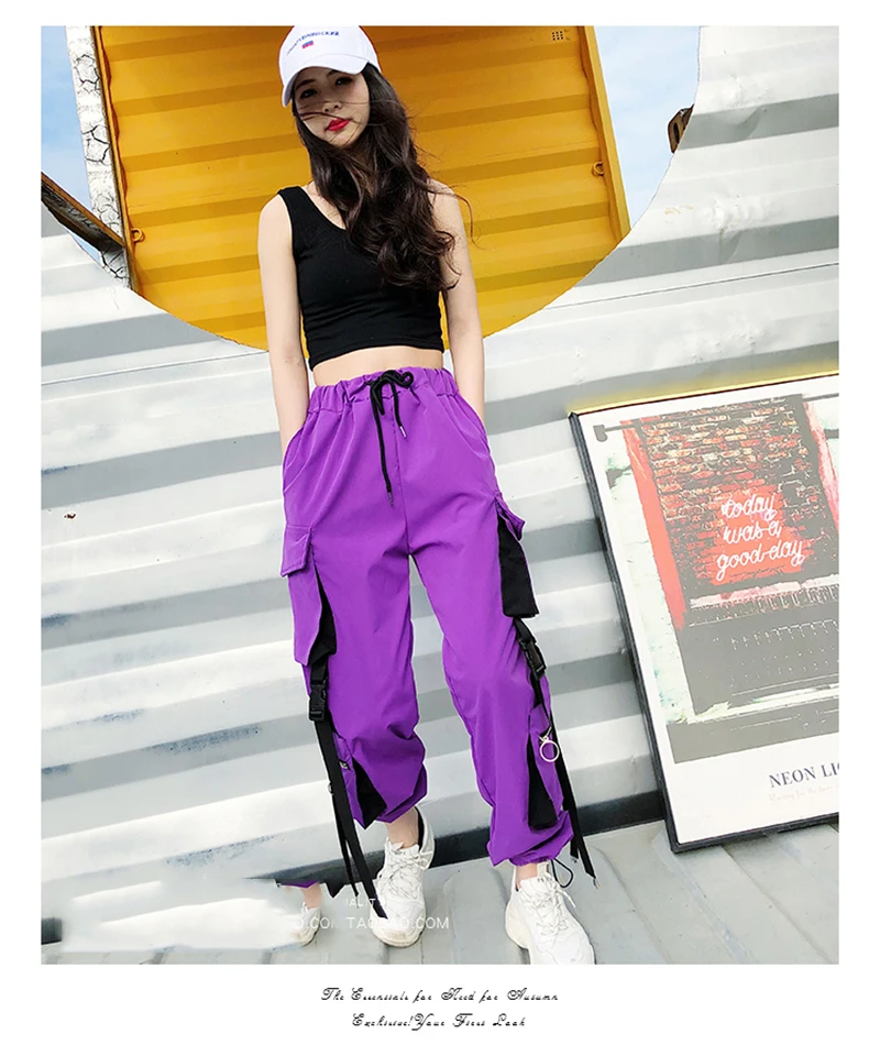 Горячие большие карманы Карго брюки для женщин Высокая талия Свободные уличные