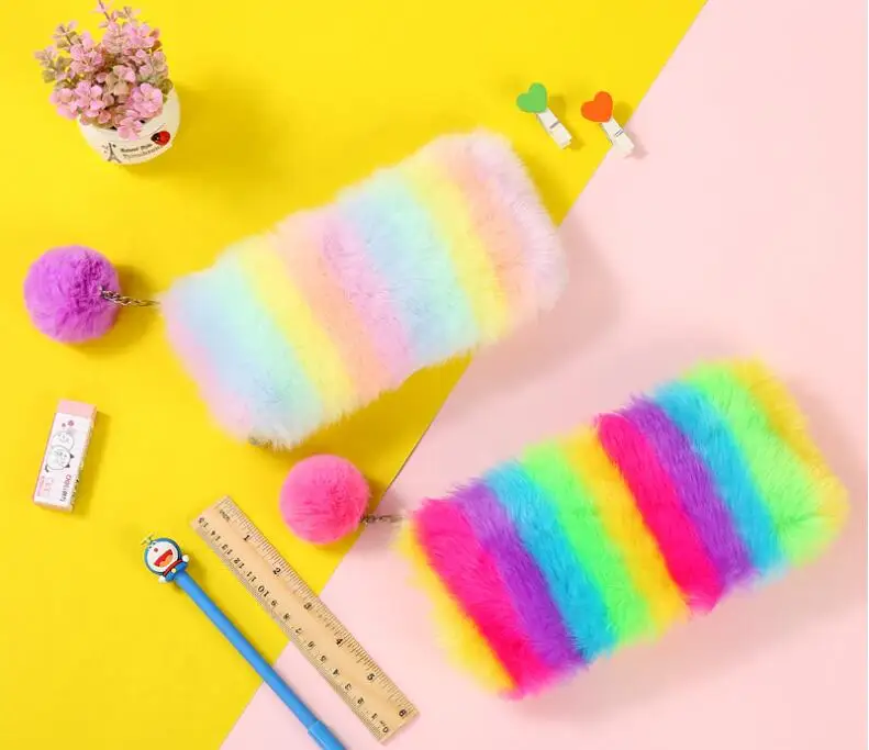 Kawaii мульти-Цвет цветные радужные карандаши чехол Для женщин девочек школьные принадлежности обувь на платформе из искусственного кроличьего меха; сапоги мяч для хранения косметических принадлежностей, помпон косметичка