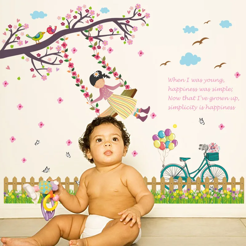 Цветы забор качели девушка дерево птицы Бабочка настенные наклейки Декор постер