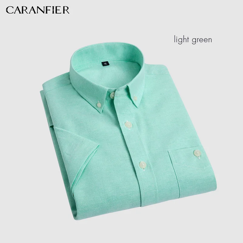 Зеленый CARANFIER, мужская рубашка, Оксфорд, формальная, Social, деловая, мужская, облегающая, короткий рукав, одноцветная, Классическая, для отдыха, рубашки, Chemise Homme - Цвет: Зеленый
