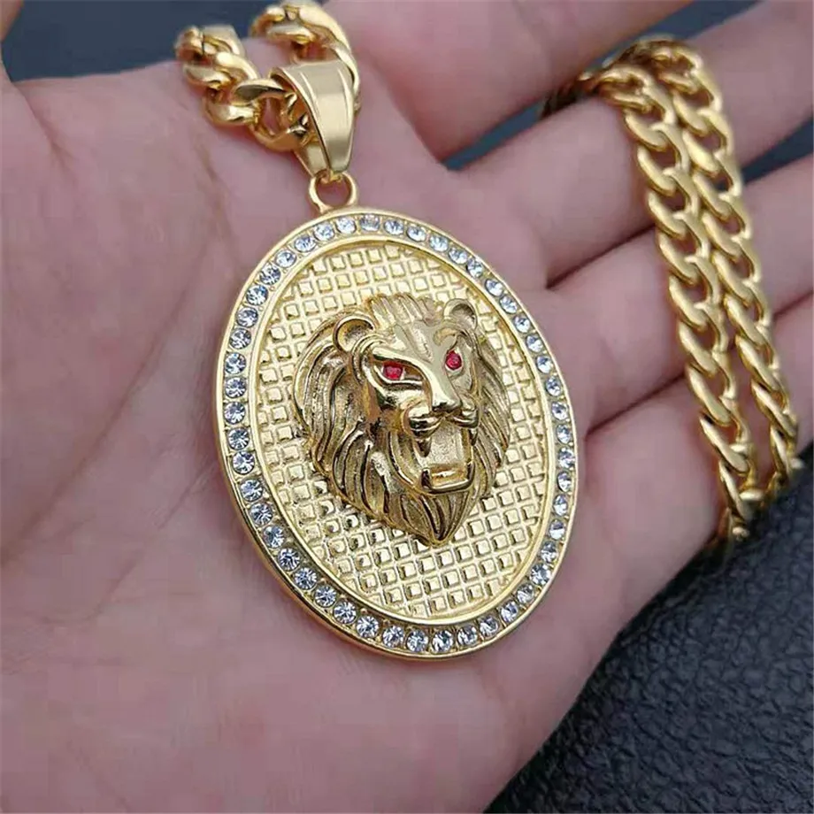 

Hip Hop Iced Out Bling Lion Head Pendant Necklace For Men Gold Color Stinless Steel Animal Necklace Male Jewelry Dropshipping