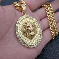 hip hop iced out bling lion head pendant necklace for men gold color stinless steel animal necklace male jewelry dropshipping