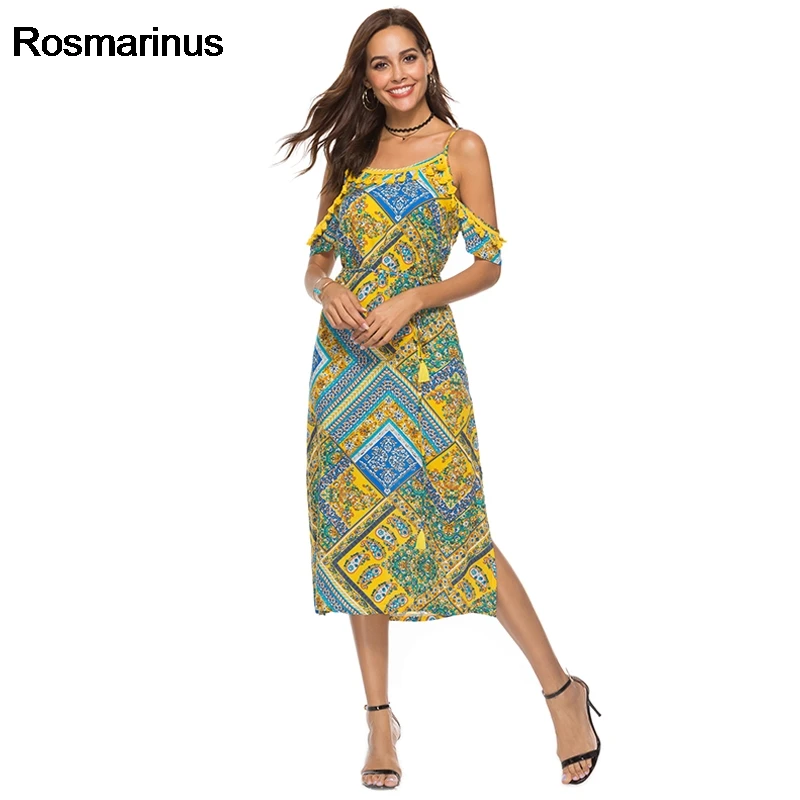 Rosmarinus Boho пляжное платье желтого цвета с ретро принтом винтажное богемное Платье
