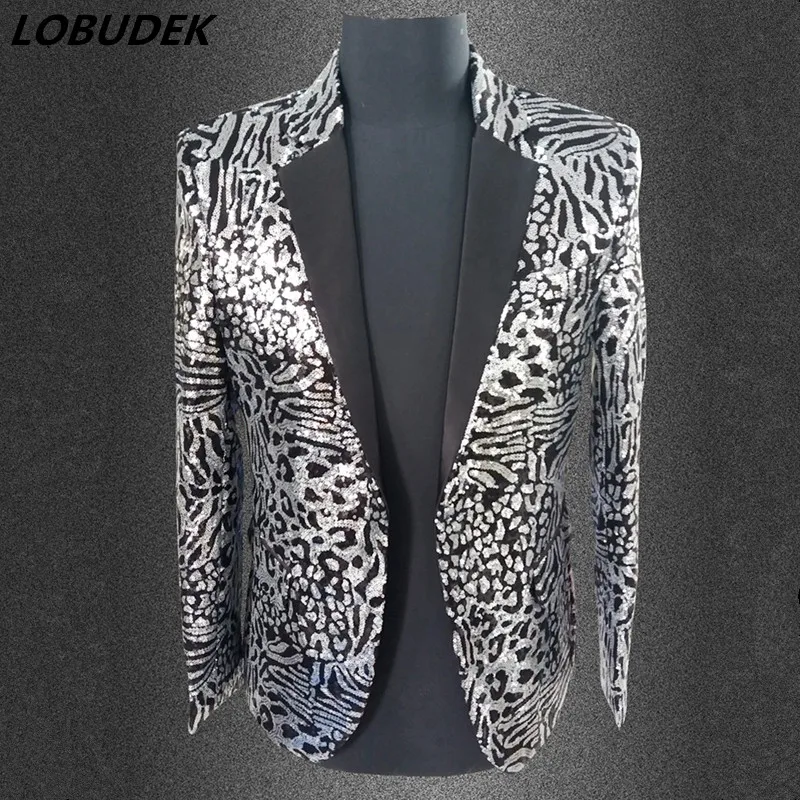 

Punk style Male slim Tide jackets Silvery sequins Coat Nightclub Bar singer stage costume Prom Host star performance outerwears