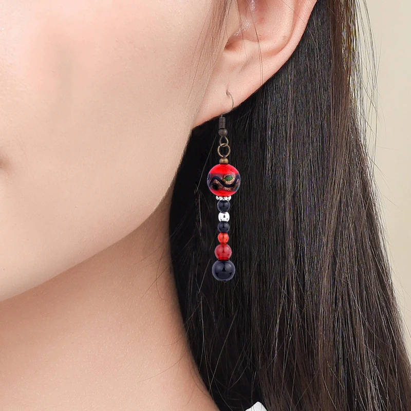 NEW MYWINY OWN DESIGN colorful glass glazed vintage ethnic earrings women red and black green nature beaded | Украшения и