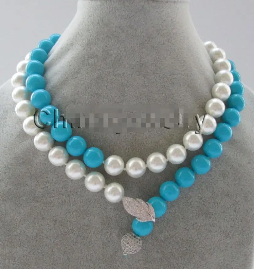 

32" 12mm white + yellow round Blue black south sea shell pearl necklace- silver
