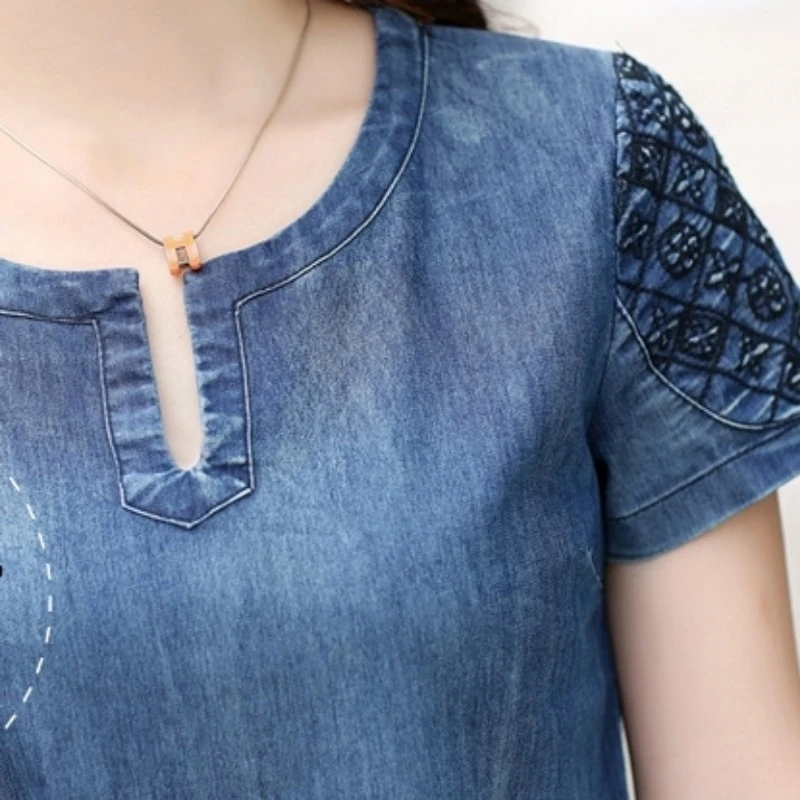 Женское джинсовое платье с коротким рукавом свободное облегающее платье-мини из