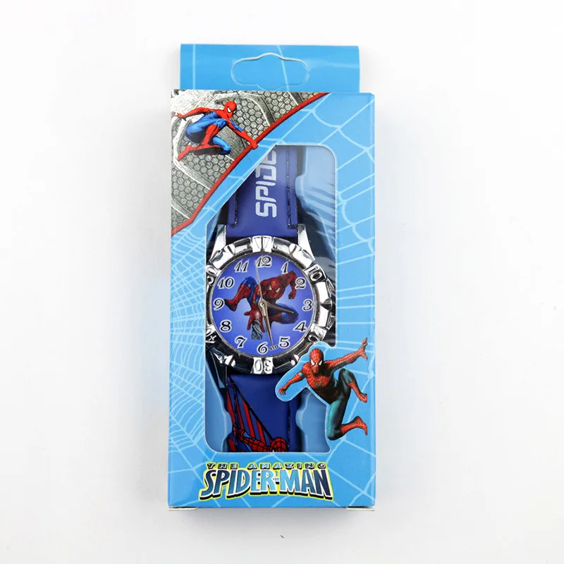 Boy Spiderman Blue Детские Мультяшные часы с человеком-пауком, Бэтменом, Суперменом, часы для мальчиков, часы принцессы для девочек, кварцевые часы с кожаным ремешком и коробкой - Цвет: Boy Spiderman Blue