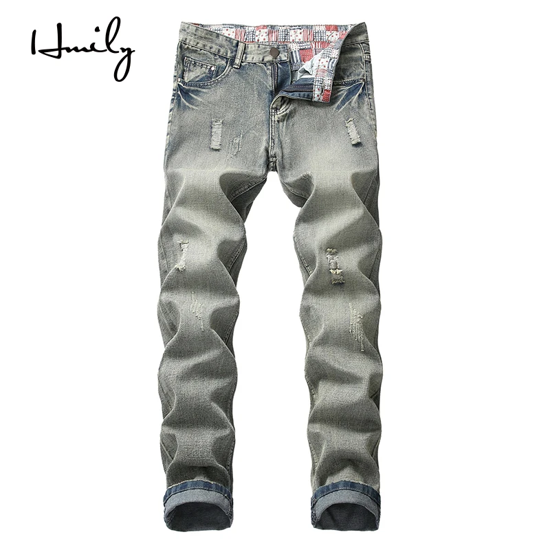 Джинсы HMILY мужские прямые брендовые штаны Slim Fit дырки большие размеры