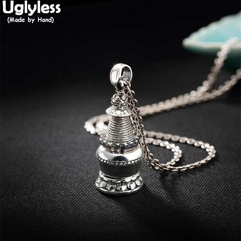 

Uglyless Real 925 Sterling Silver Handmade Buddhism Stupa Pendants without Chains Unisex Open Gaudencio Box Jewelry Lotus Bijoux