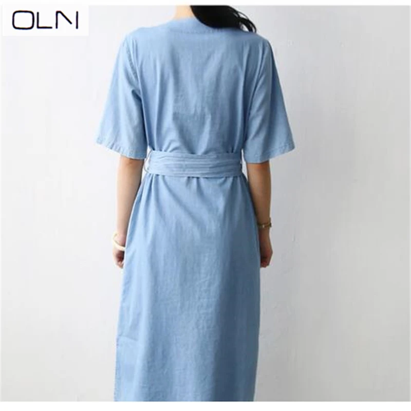 Vestidos корейское платье OLN Новое шикарное легкое голубое женское с v-образным