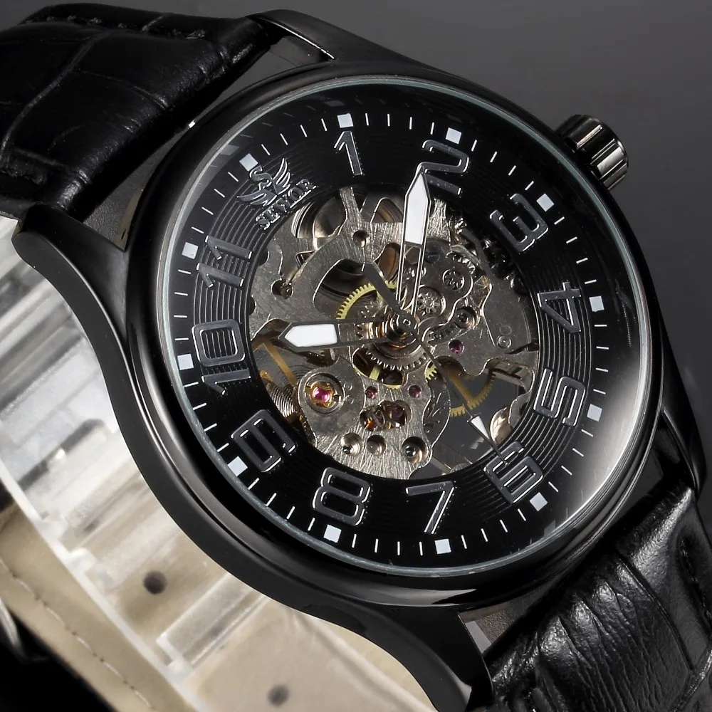 SEWOR Топ Бренд Скелет часы мужские прозрачные черные кожаные Наручные Мужские