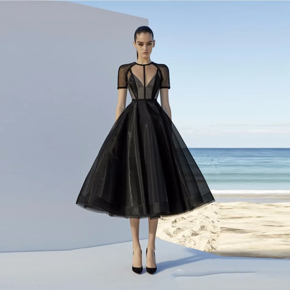 

Black Evening Dresses A-line Short Sleeves Tea Length Tulle Formal Islamic Dubai Kaftan Saudi Arabic Long Evening Gown