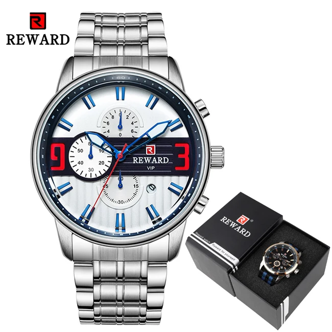 Silver-Blue With Box Роскошные серебряные часы из нержавеющей стали, мужские спортивные часы, брендовые Кварцевые водонепроницаемые наручные часы с хронографом, мужские часы - Цвет: Silver-Blue With Box