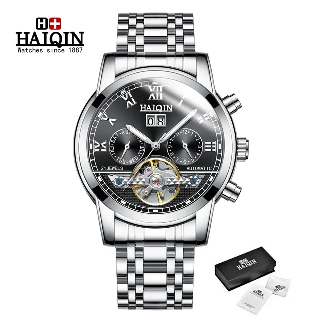 S-silver black Автоматические механические мужские часы Топ бренд HAIQIN Роскошные мужские часы бизнес турбийон военные мужские наручные часы Reloj Hombres - Цвет: S-silver black