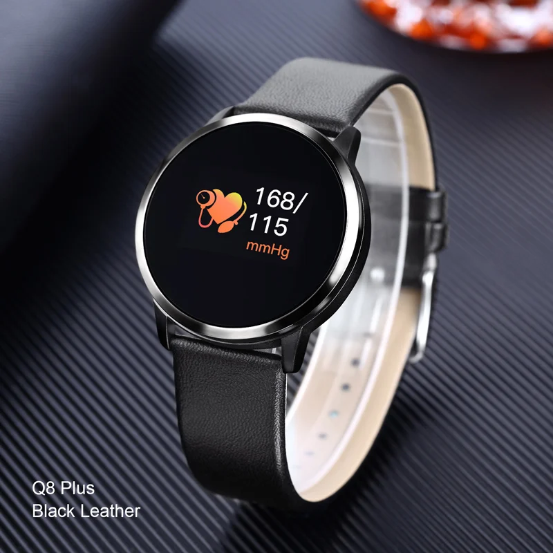Black Leather Plus Смарт-часы Newwear Q8, OLED, цветной экран, умная электроника, Смарт-часы, модный фитнес-трекер, пульсометр, bluetooth, для мужчин, женщин - Цвет: Black Leather Plus