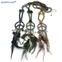 new luxury statement boho bohemian wooden beaded chain long necklace feather tassel peace symbols pendant bohemian necklace