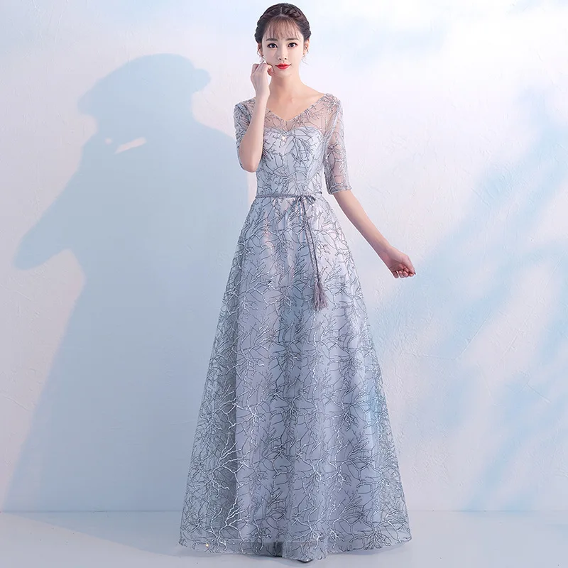 Длинные Серые вечерние платья новинка 2019 элегантные кружевные А силуэта с