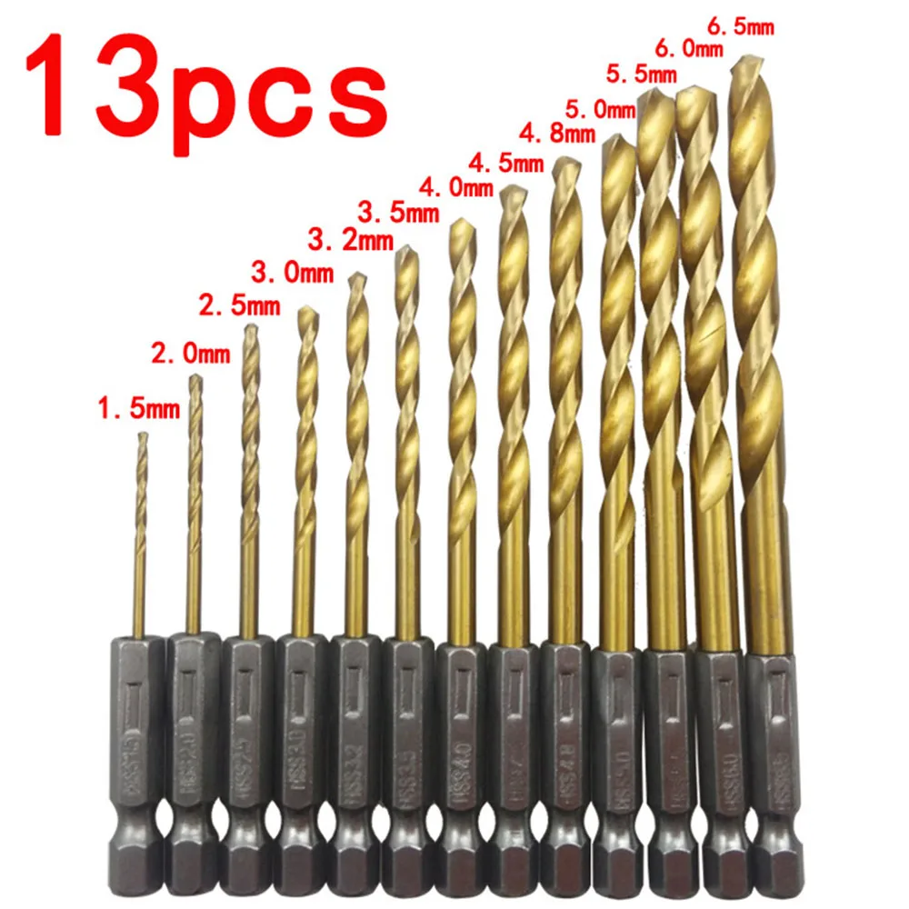 13pcs/lot HSS High Speed Steel Titanium Coated Drill Bit Set 1/4 Hex Shank 1.5-6.5mm Twist bit | Инструменты