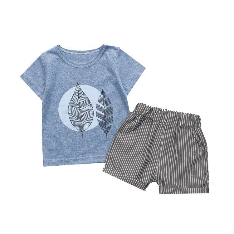 Summer Boy Two-Piece Leaf Pattern Short Sleeve + Striped Shorts | Детская одежда и обувь
