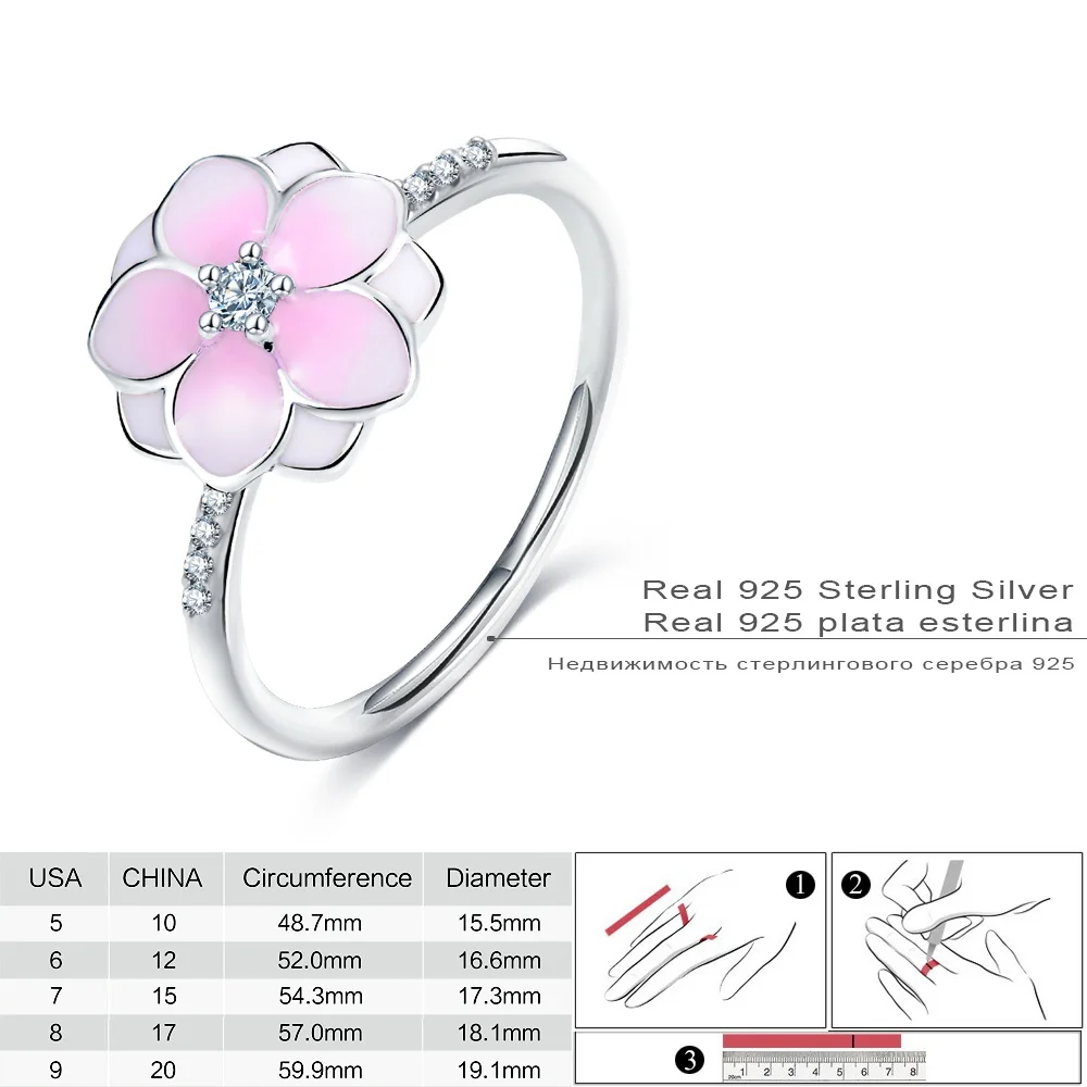 Beagloer мода розовой эмалью цветочные кольца 925 пробы серебро Магнолия Bloom цветок