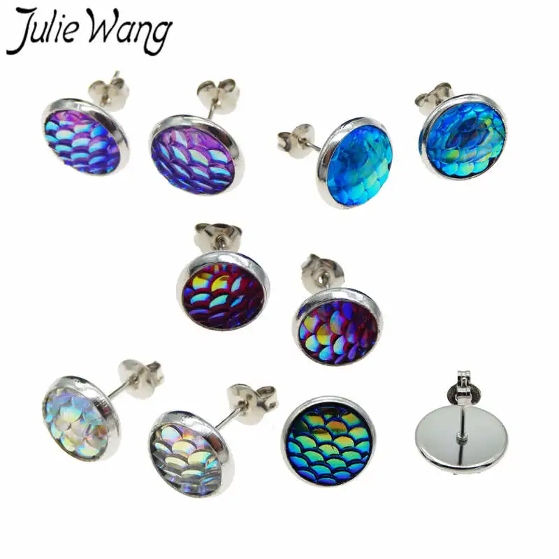 Julie Wang 1 пара Русалка из смолы весы кабошон Разноцветные серьги гвоздики женские