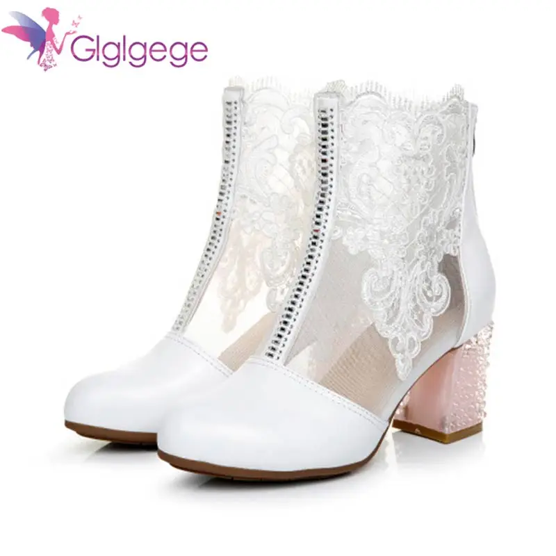 

Glglg High Quality Women Boots suede Leather Ankle Boots Lace Summer Boots Zapatos Chaussures Femme Square High Heel Women Shoes