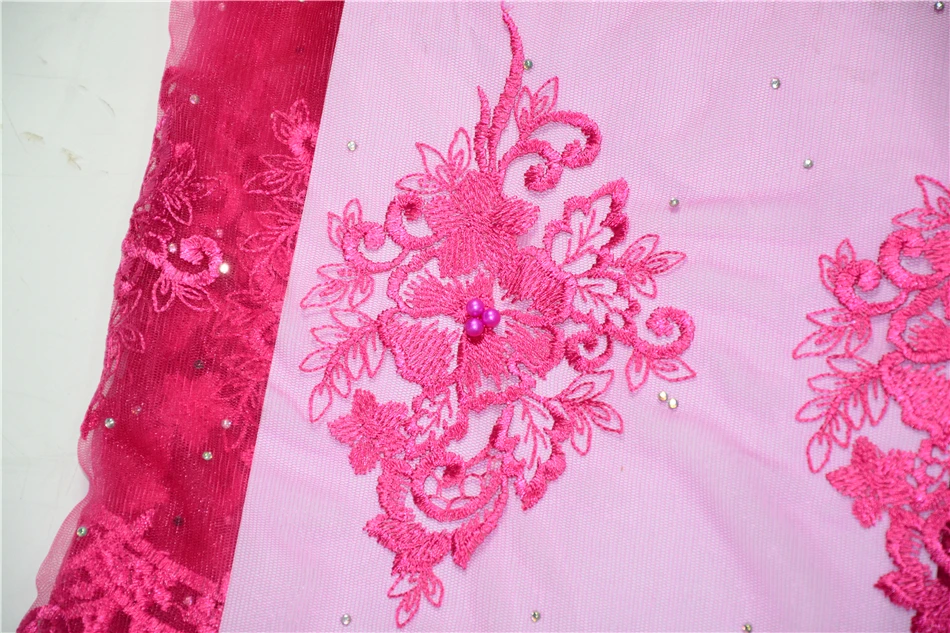 Fushia African french lace fabric with beads and stones mesh tulle high quality nigerian fabrics for wedding 2018 5yard/lot | Дом и сад