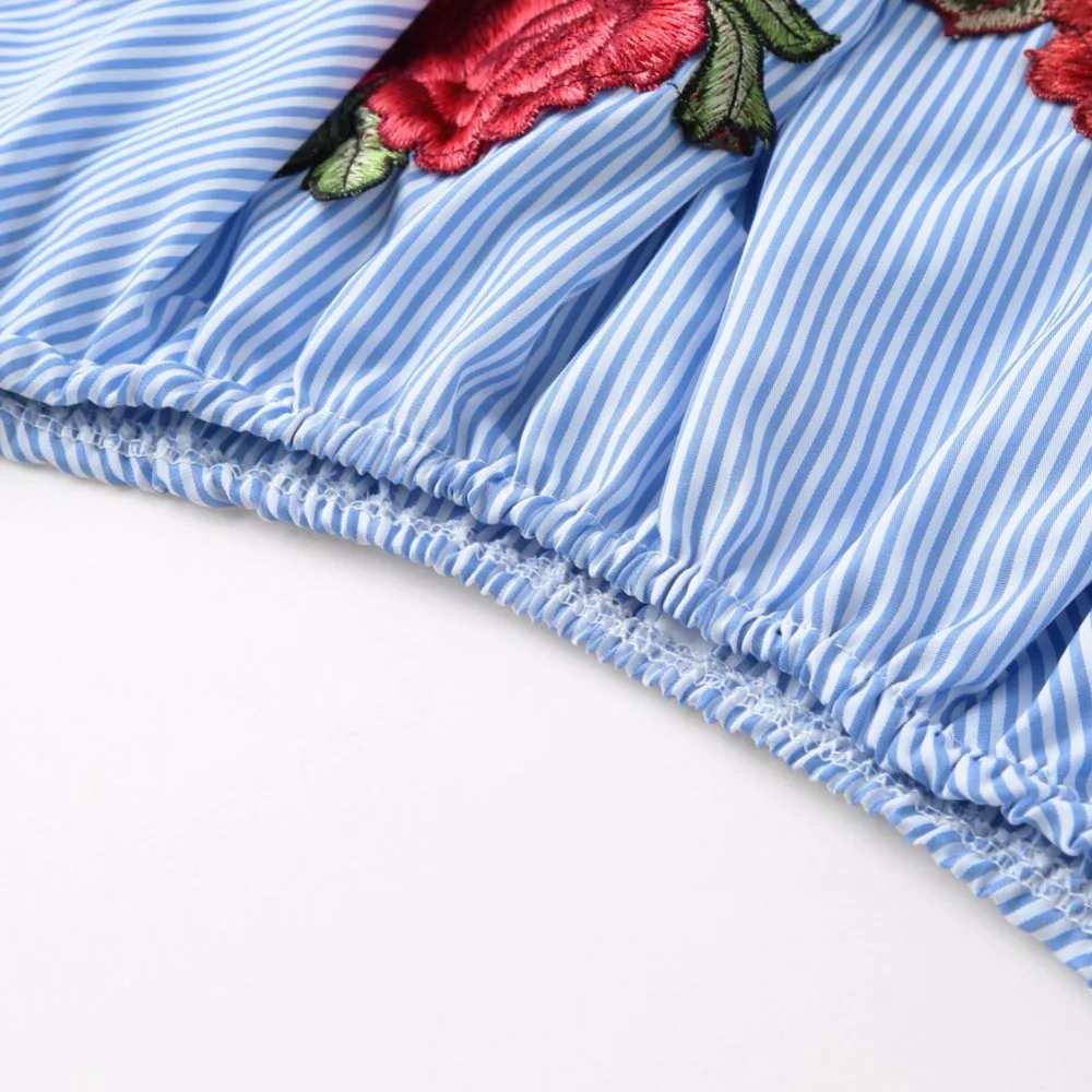 Женский топ в полоску с цветочной вышивкой и открытыми плечами Элегантная блузка