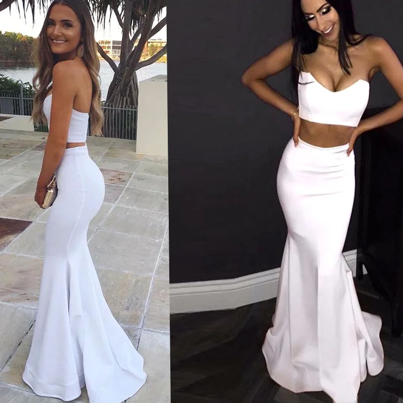 

2 piece simple cheap sexy white long mermaid satin strapless formal evening gown dress