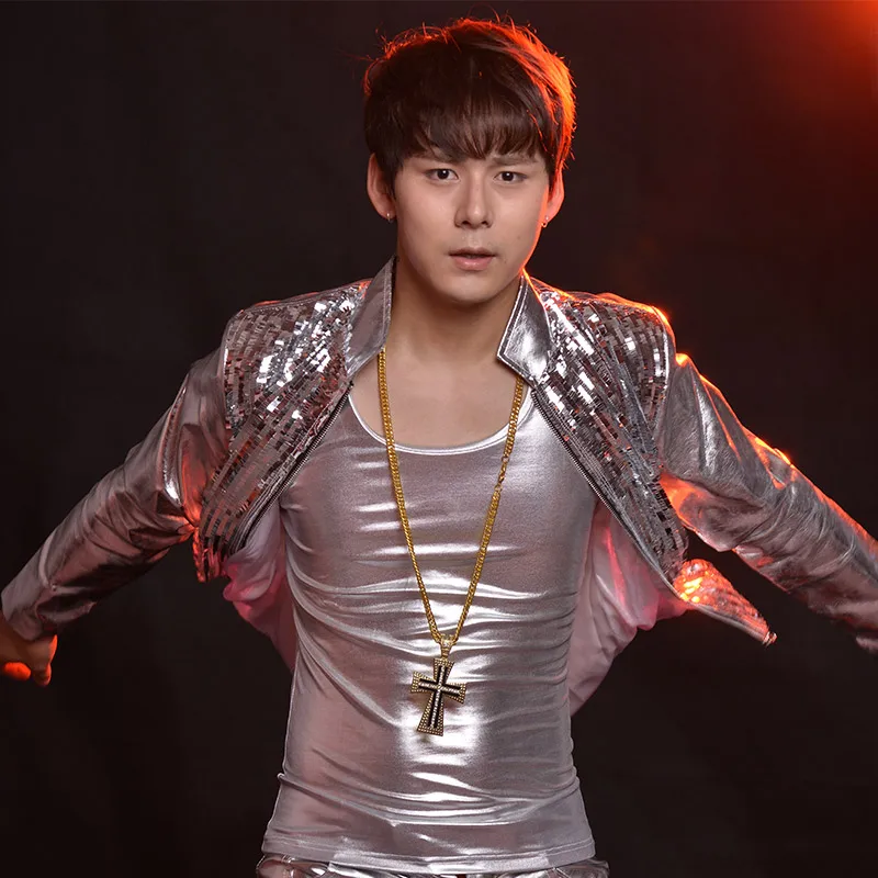 Мужские кожаные куртки с серебряными блестками для ночных клубов Кожаные