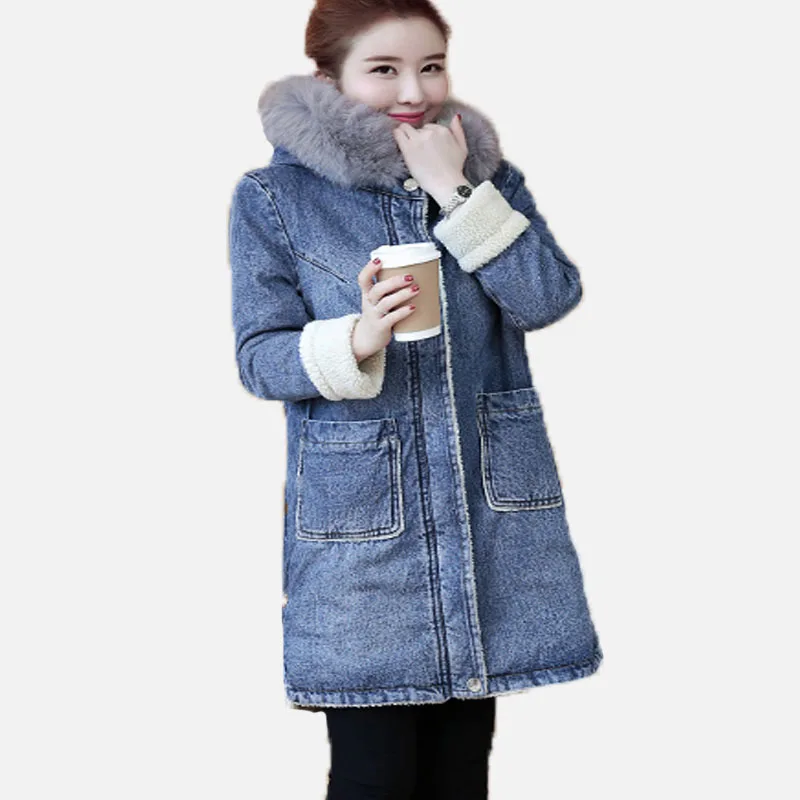 Женские джинсовые парки новые 2017 зимние с длинными рукавами капюшоном из