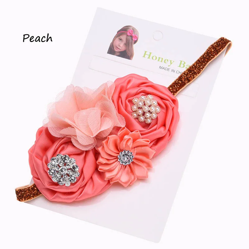 Peach 1 шт. высокое качество повязки на голову с бантом цветок горный хрусталь цветы повязка на голову Розетка Цветок Крещение ободки для волос - Цвет: Peach