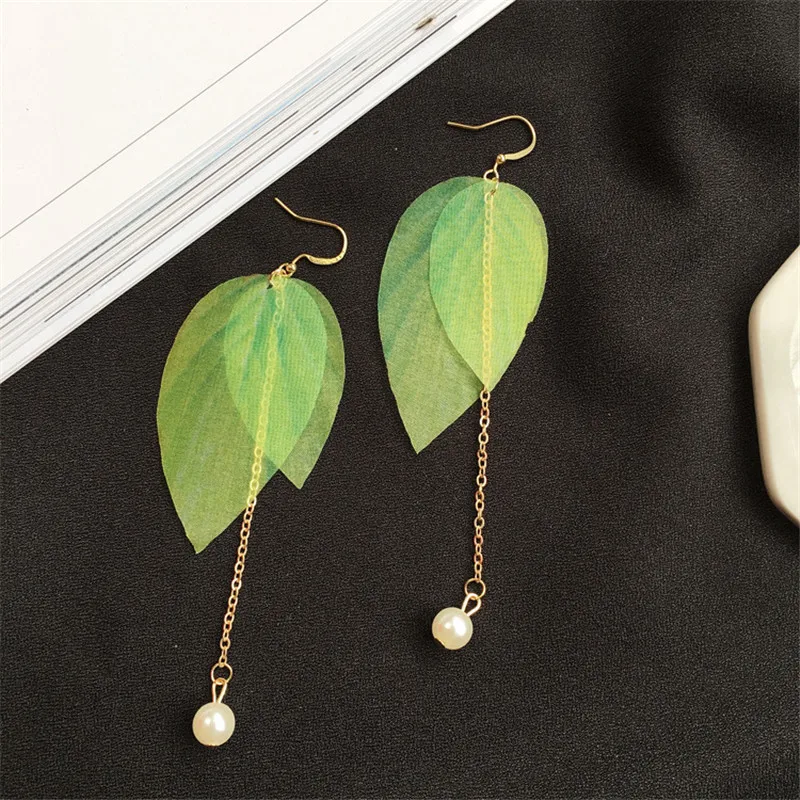 

Fashion Women Green Colorful Leaf pearl Earrings Long Earrings Pendientes Mujer Moda Para Las Mujeres Brincos