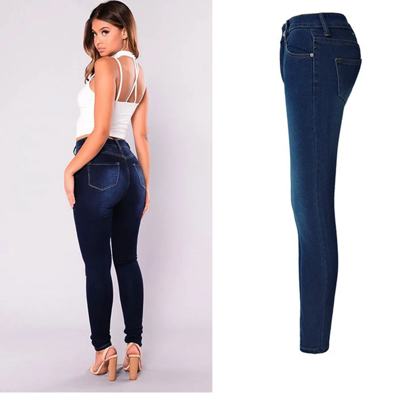 Женские Классические облегающие джинсы с высокой талией синие на молнии