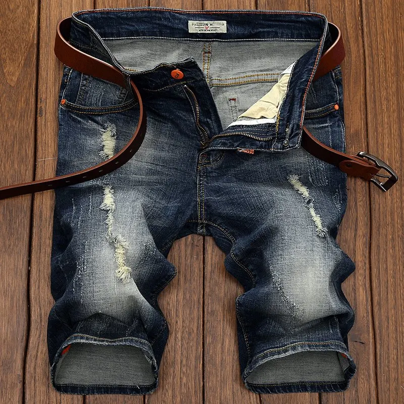 Мужские летние джинсы эластичные прямые шорты с дырками большие размеры 29 30 31 32 -36