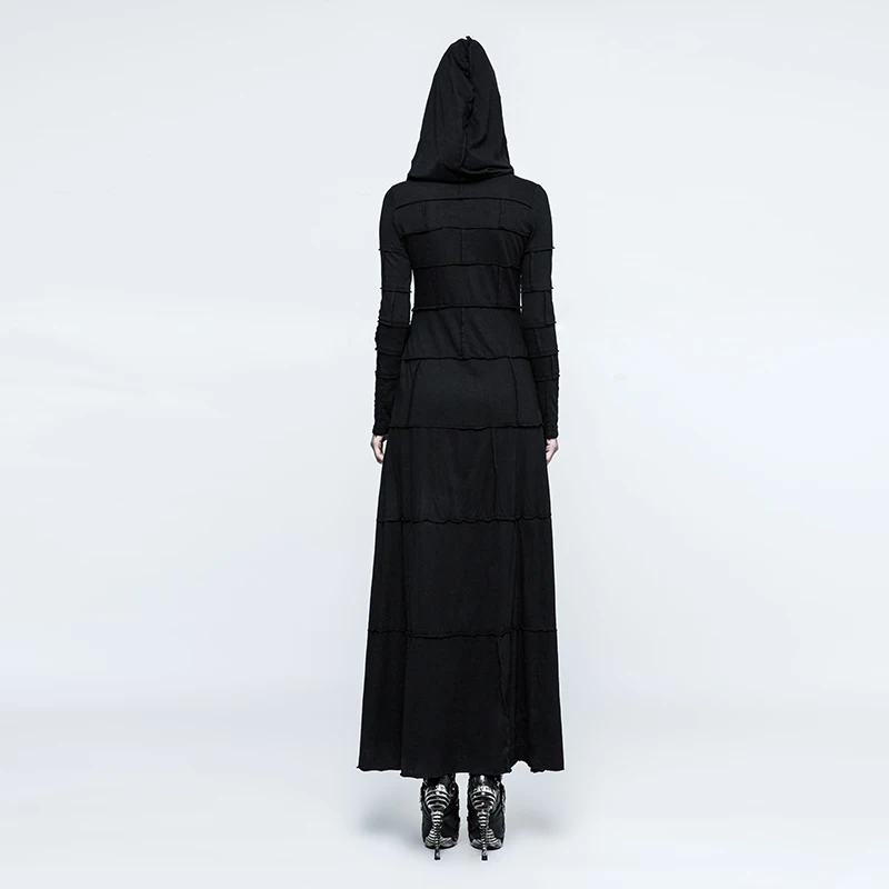 PUNK RAVE Women's Gothic Mysterious Hooded Bodycon Black Long Dress Extreme Straight Halloween Party Club Women Dress