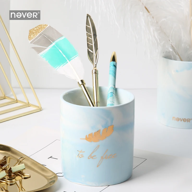 Никогда синяя серия керамика ручка держатель настольный органайзер фольга