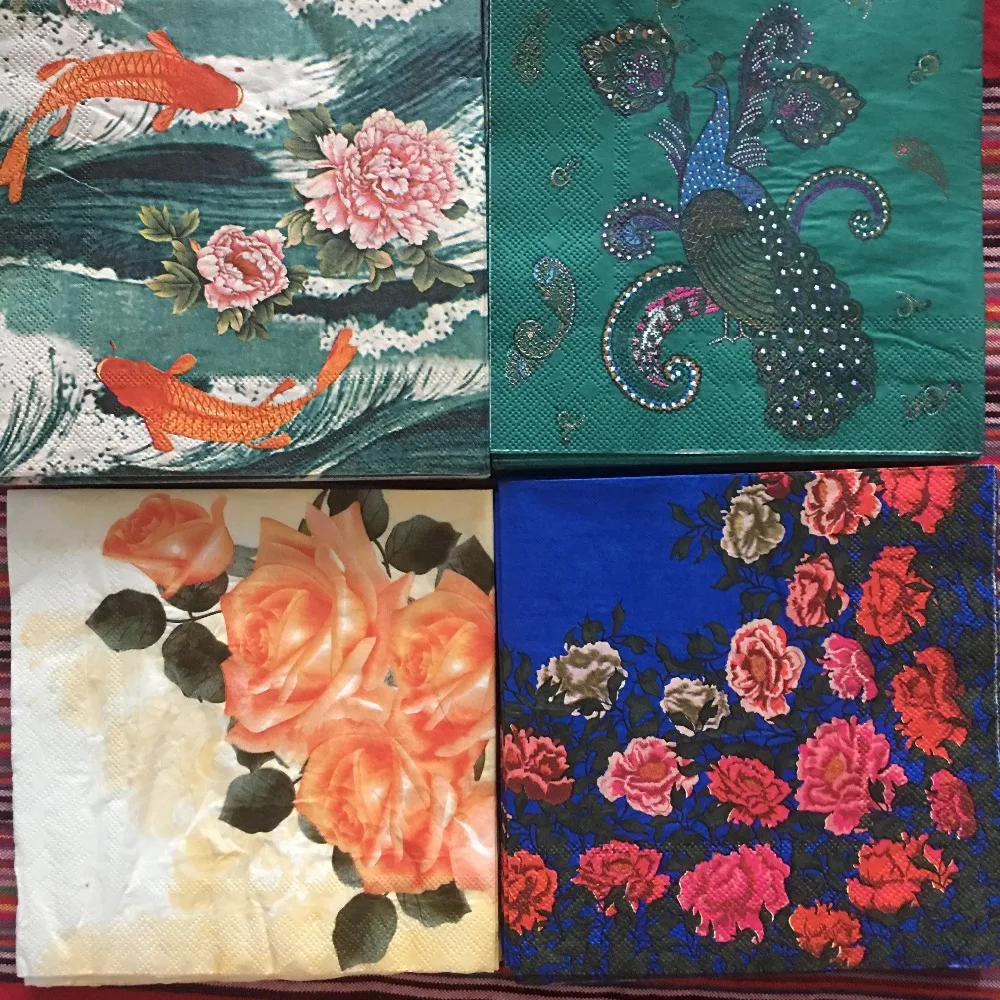 Винтажные бумажные салфетки 20 цветов синие Феникс рыба красный розовый цветок