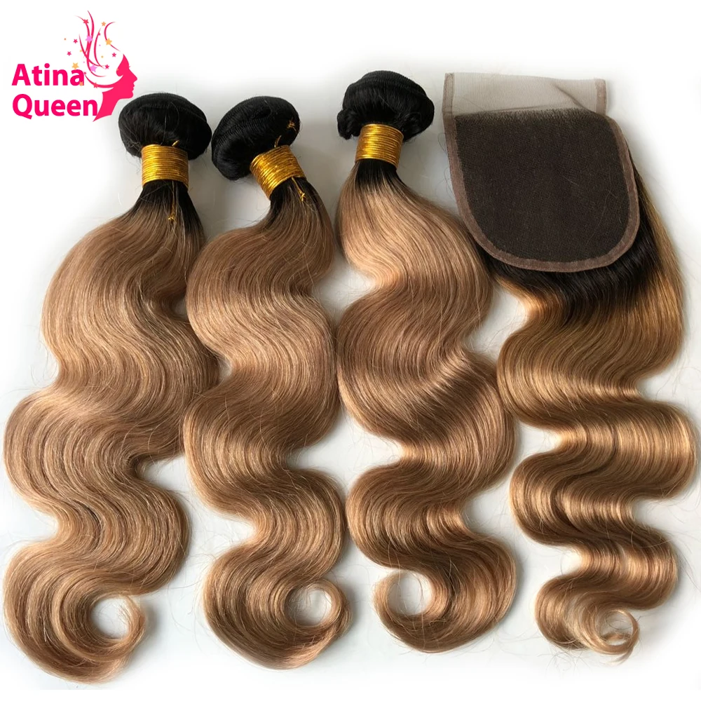Кружевная застежка Atina Queen #1b/27 4*4 с пучками бразильские волнистые темные корни
