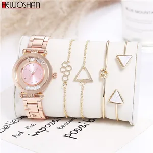 5 шт.компл. модные роскошные Брендовые женские часы с круглым кристаллом и браслетом, кварцевые наручные часы цвета розового золота, женские наручные часы, женские часы