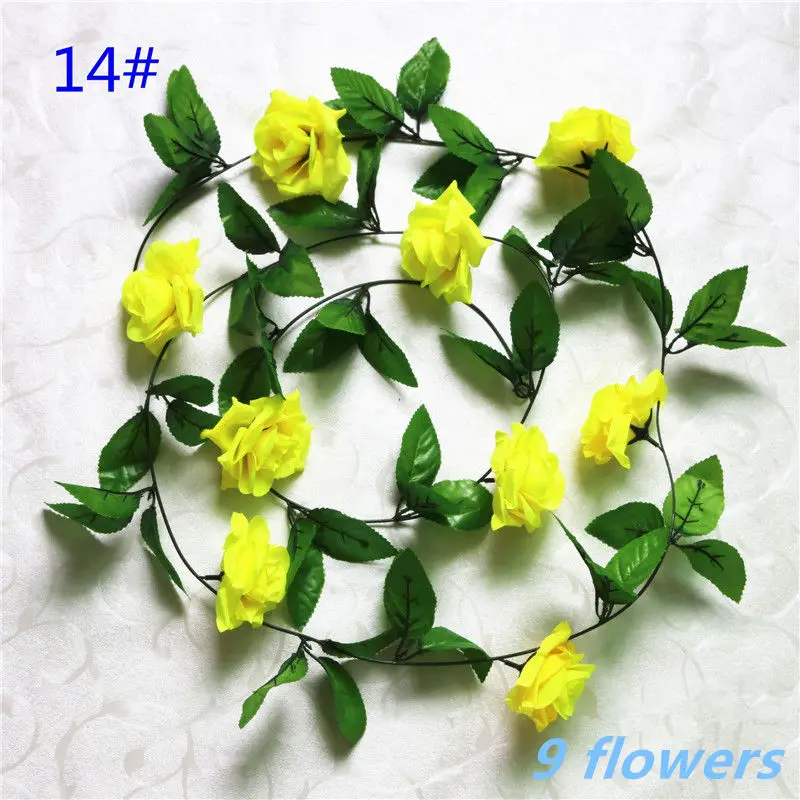 14Yellow 9flower 1pcs/lot 230-250cm Artificial Flowers Silk Roses Ivy Vine diy with Green Leaves Fake leaf artificial flowers for home decoration - Цвет: 14Yellow 9flower