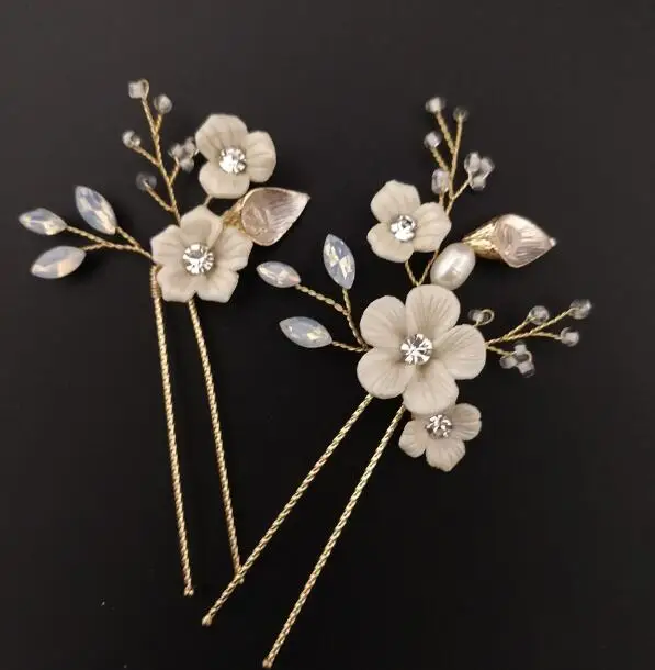 Hair pin set Кремовая глина цветок свадебные заколки для волос набор роскошный пресноводный жемчуг свадебные заколки для волос ручной работы головной убор невесты ювелирные изделия - Окраска металла: Hair pin set
