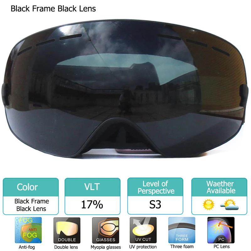 Black UV400 Анти-туман двухслойные лыжные очки большие линзы Лыжная маска очки лыжный снег сноуборд очки зеркальные поляризационные очки для мужчин - Цвет: Black