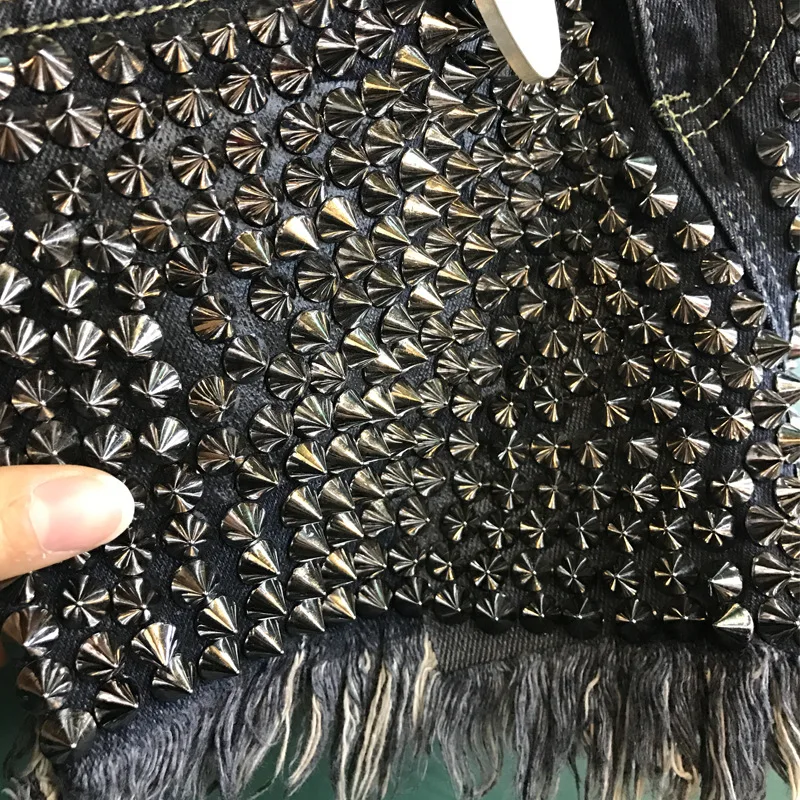 2018 Женская одежда с высокой талией заклепками и кисточками потертые джинсовые