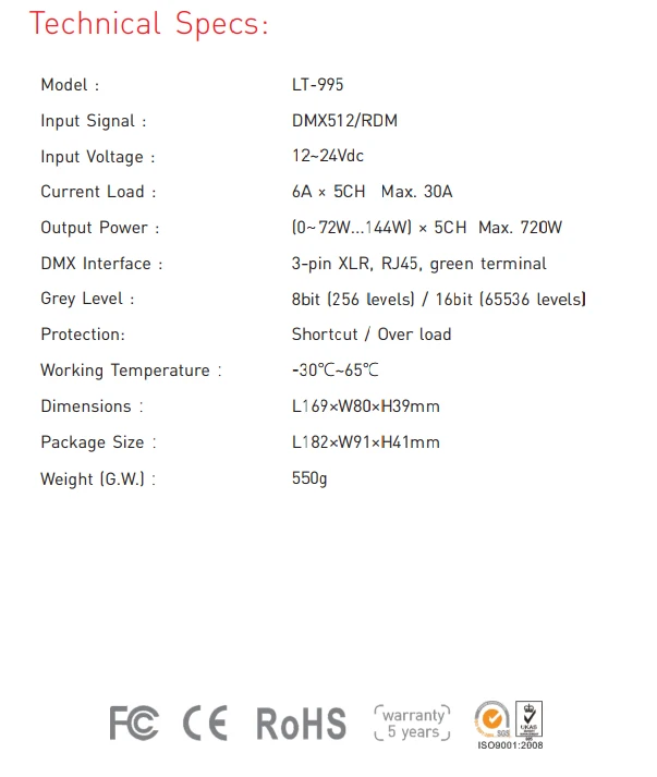 LT-995 Led DMX декодер 12В-24 В вход; 6А* 5CH Макс 30A 720 Вт выход RGB/RGBW Led CV декодер XLR-3/RJ45 разъем