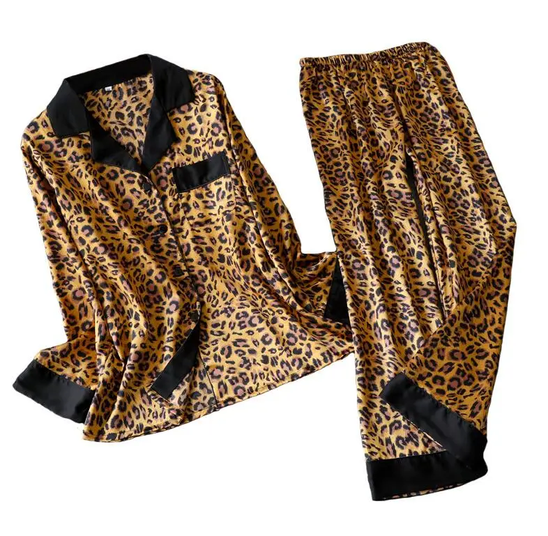style A Леопардовая Пижама, женские полосатые атласные пижамы, наборы, новинка, весенний костюм с длинным рукавом из 2 предметов, Повседневная шелковая Домашняя одежда, одежда для сна - Цвет: style A
