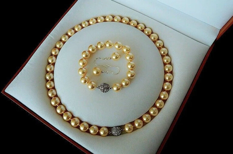 Доставка редкая 10 мм настоящий Южно морской золотой жемчуг ожерелье браслет